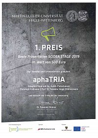Urkunde 'alphaTRIA' der besten Präsentation Scidea Stage 2019